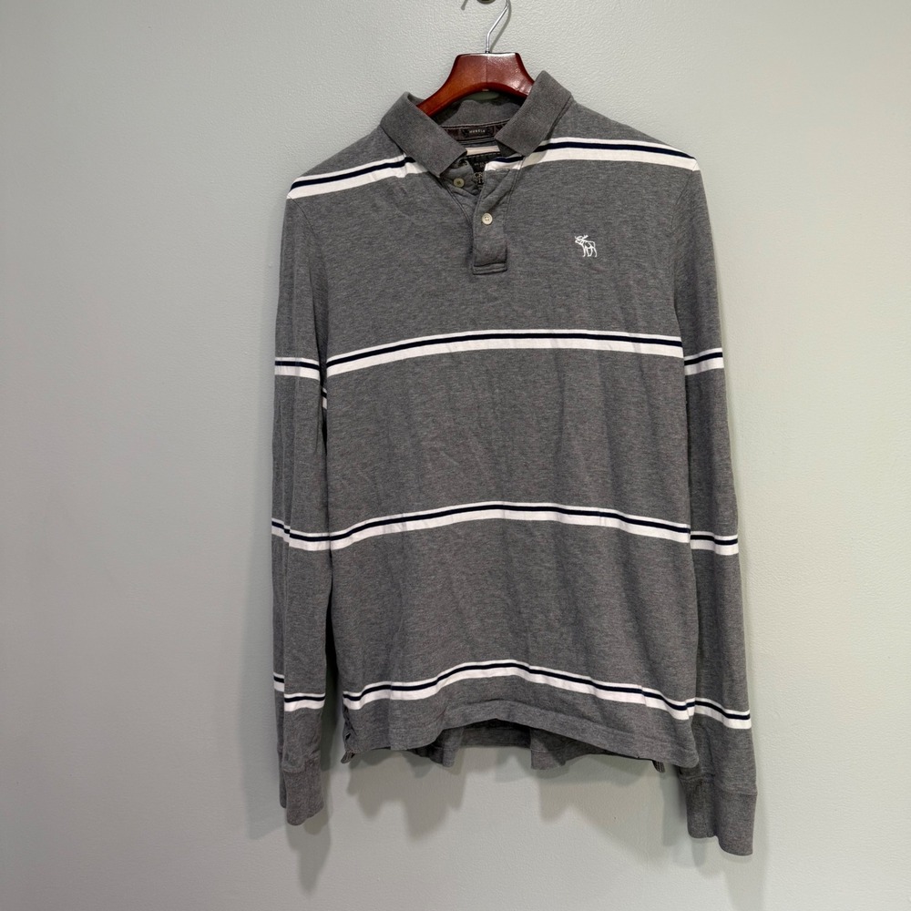 Abercrombie & Fitch XXL Muscle Fit Long Sleeve Striped Polo Shirt Gray White y2k